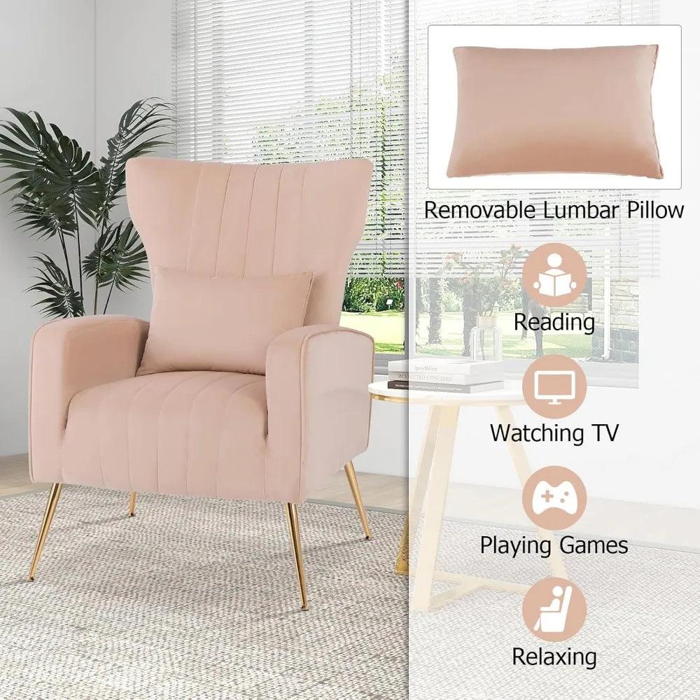 Velvet Accent Chair with Lumbar Pillow Mid Century Modern Wingback Design