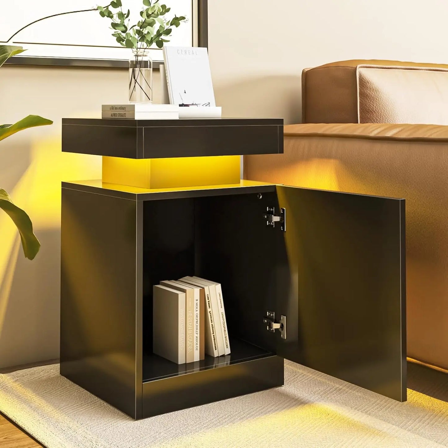 Nightstand Set Of 2 With LED Storage Cabinet Bedroom