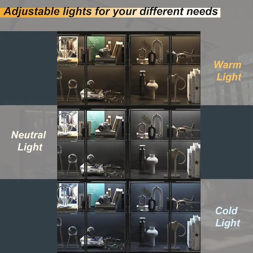 Storage Cabinet With LED Lights And Glass Shelves Display