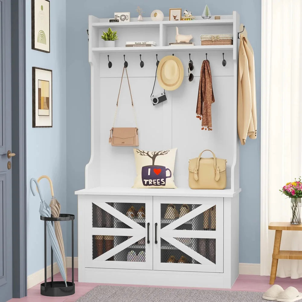 Farmhouse Hall Tree with Coat Hooks and Storage Bench for Entryway in White