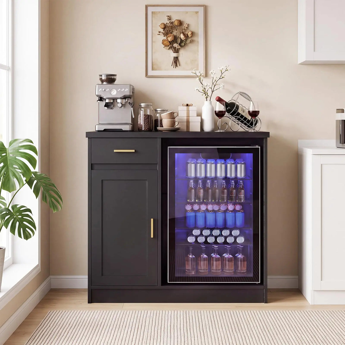HiMISS Farmhouse Wine Bar Cabinet With USB Outlets Storage