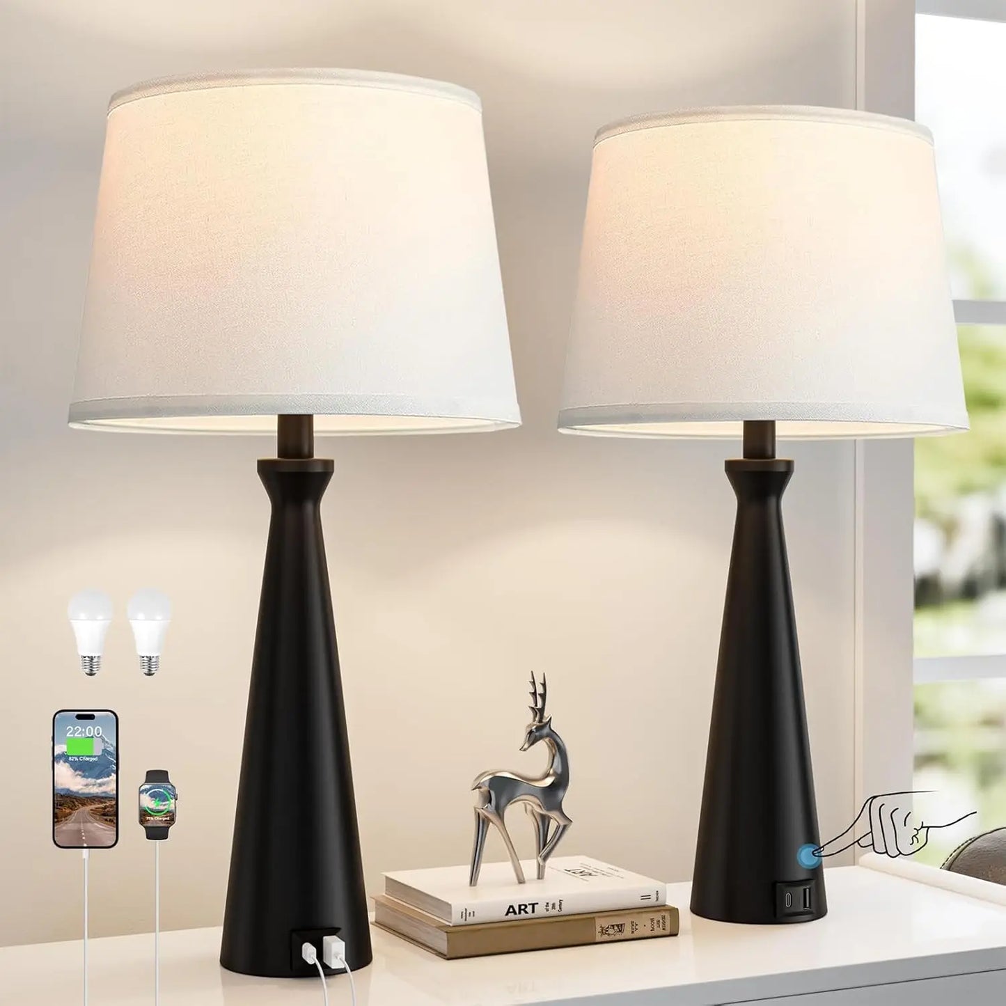Modern Table Lamps Set of 2 With Touch Three Way Dimmable USB C And USB A Ports