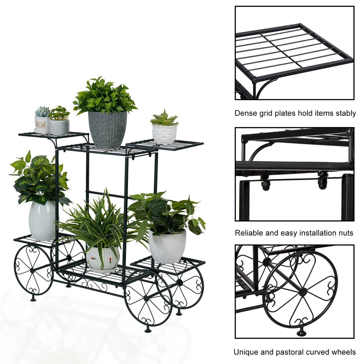 Metal Garden Cart Plant Stand For Indoor Outdoor Flowers