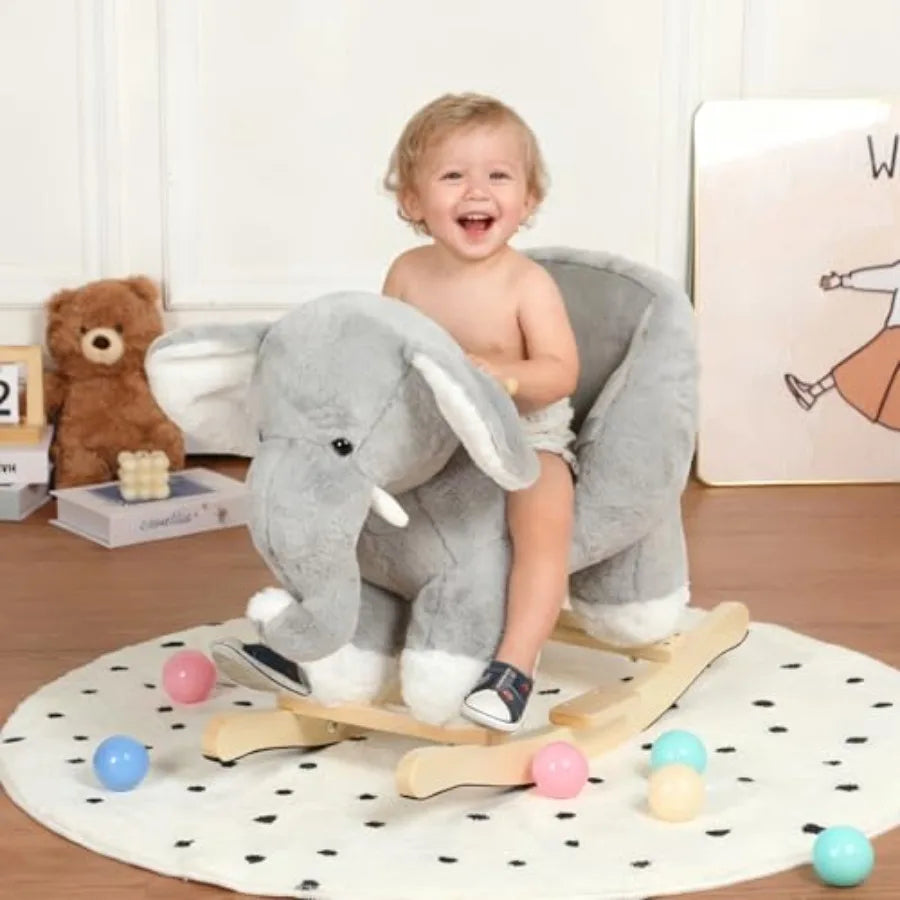 Wooden Rocking Horse for Toddlers with Plush Elephant Music