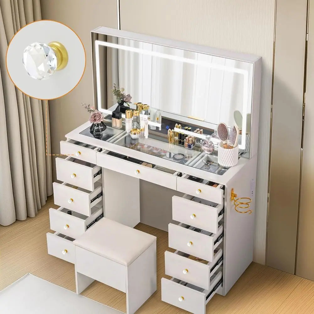 Glass Top Vanity Desk With Mirror And Built-In Lighting