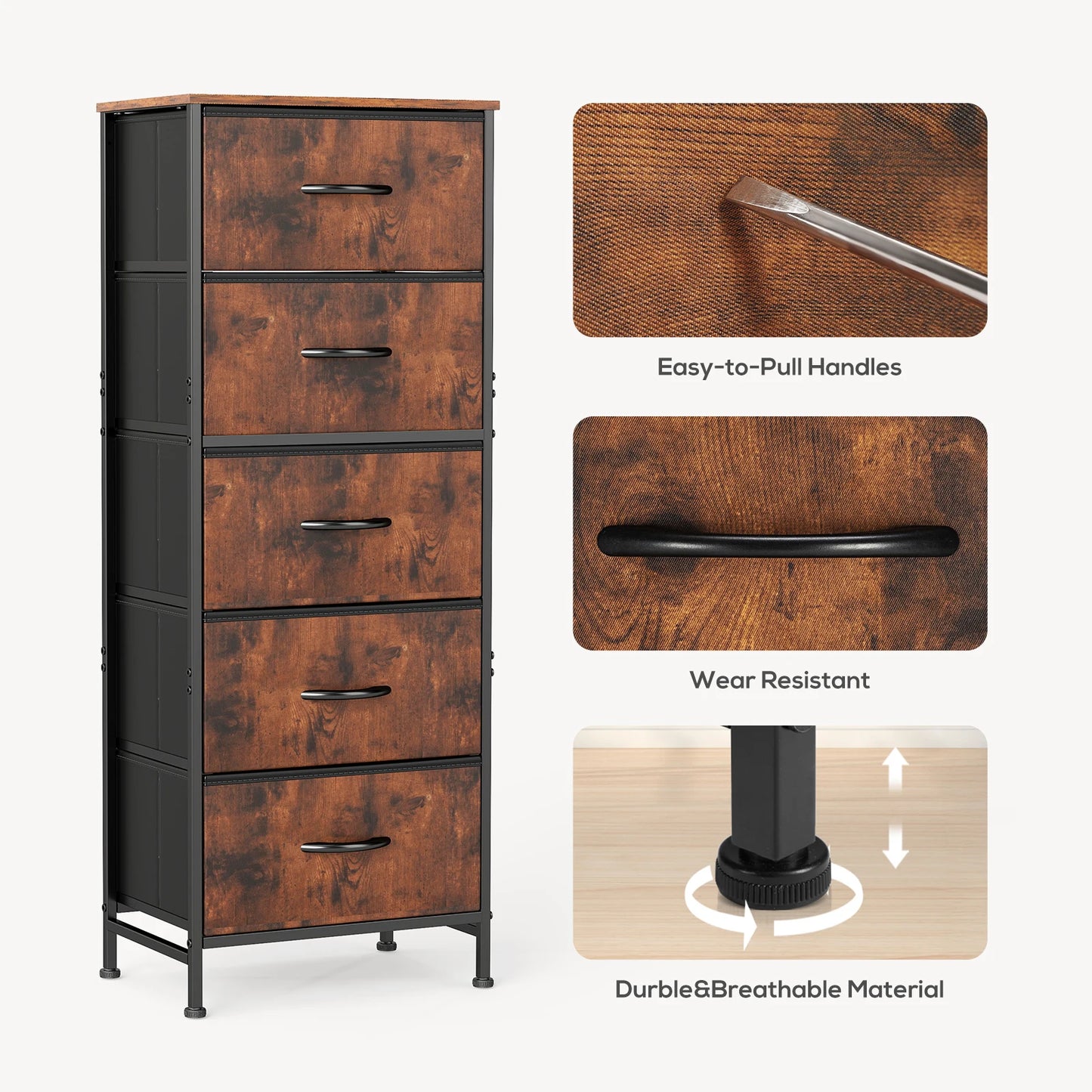 JHK Five Drawer Dresser With Steel Frame For Bedroom