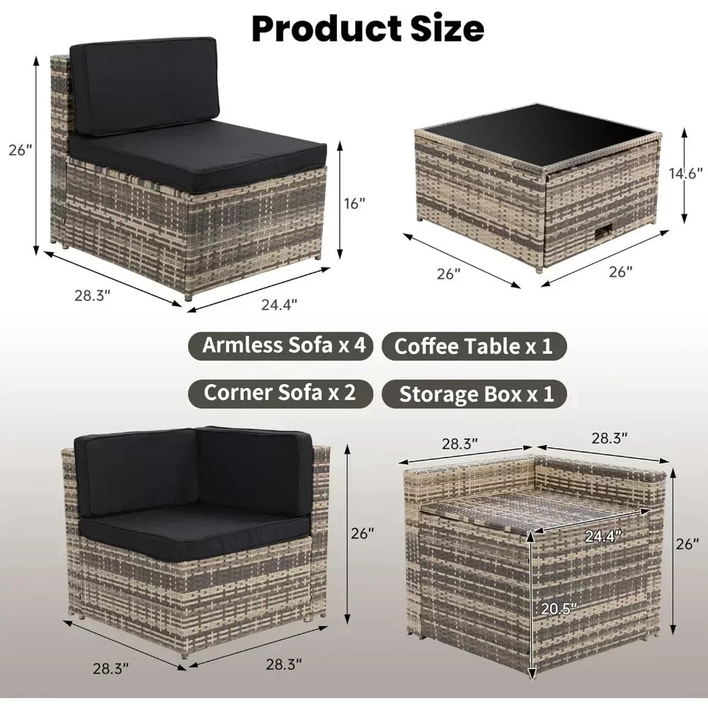 Rattan Patio Sectional Glass Top Table With Hidden Storage