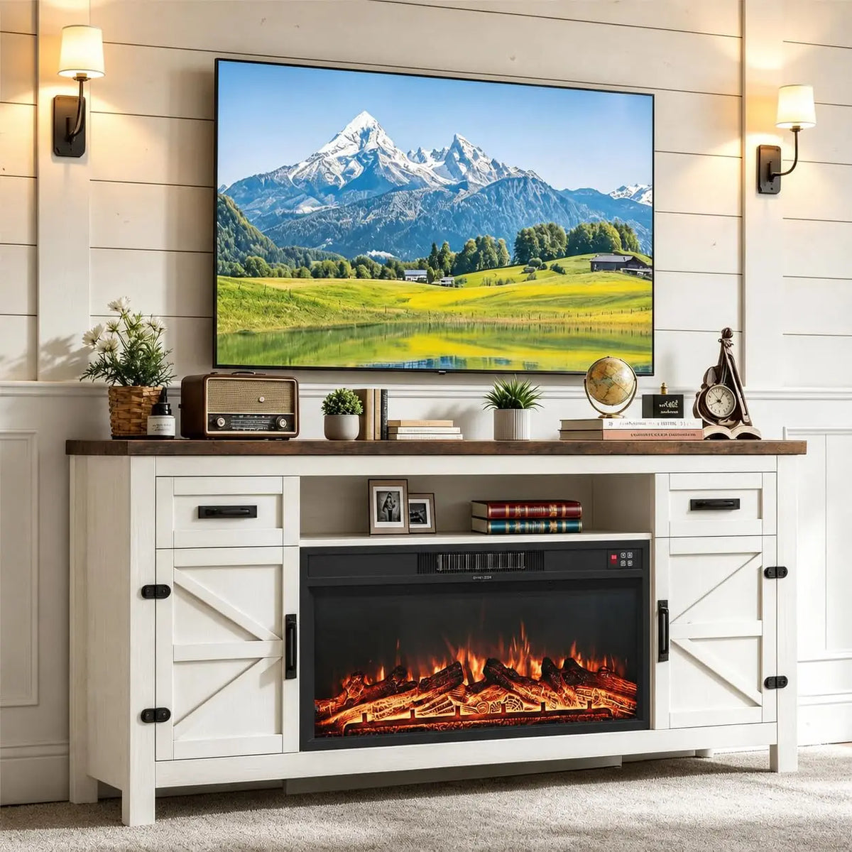 Farmhouse Fireplace TV Stand With Barn Doors And Storage