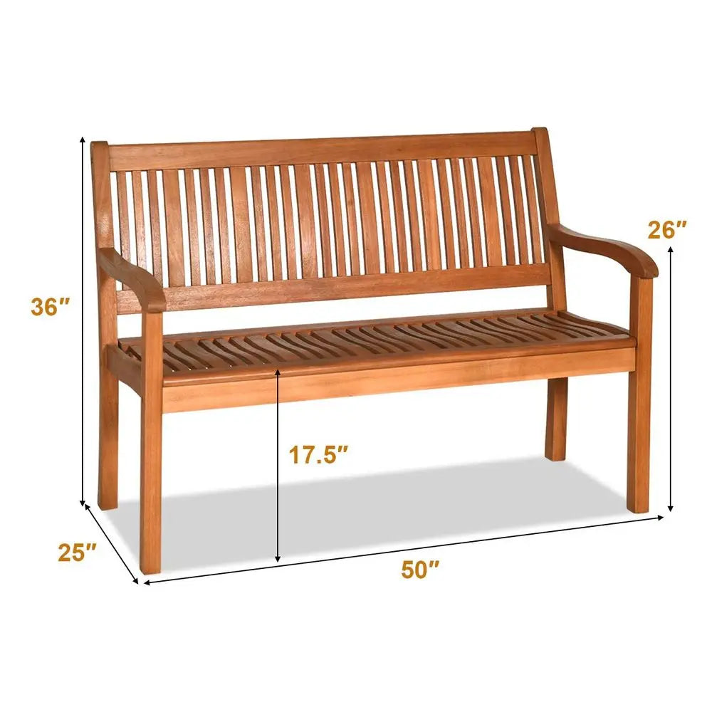 Outdoor Wood Garden Bench Slatted Backrest Curved Armrests