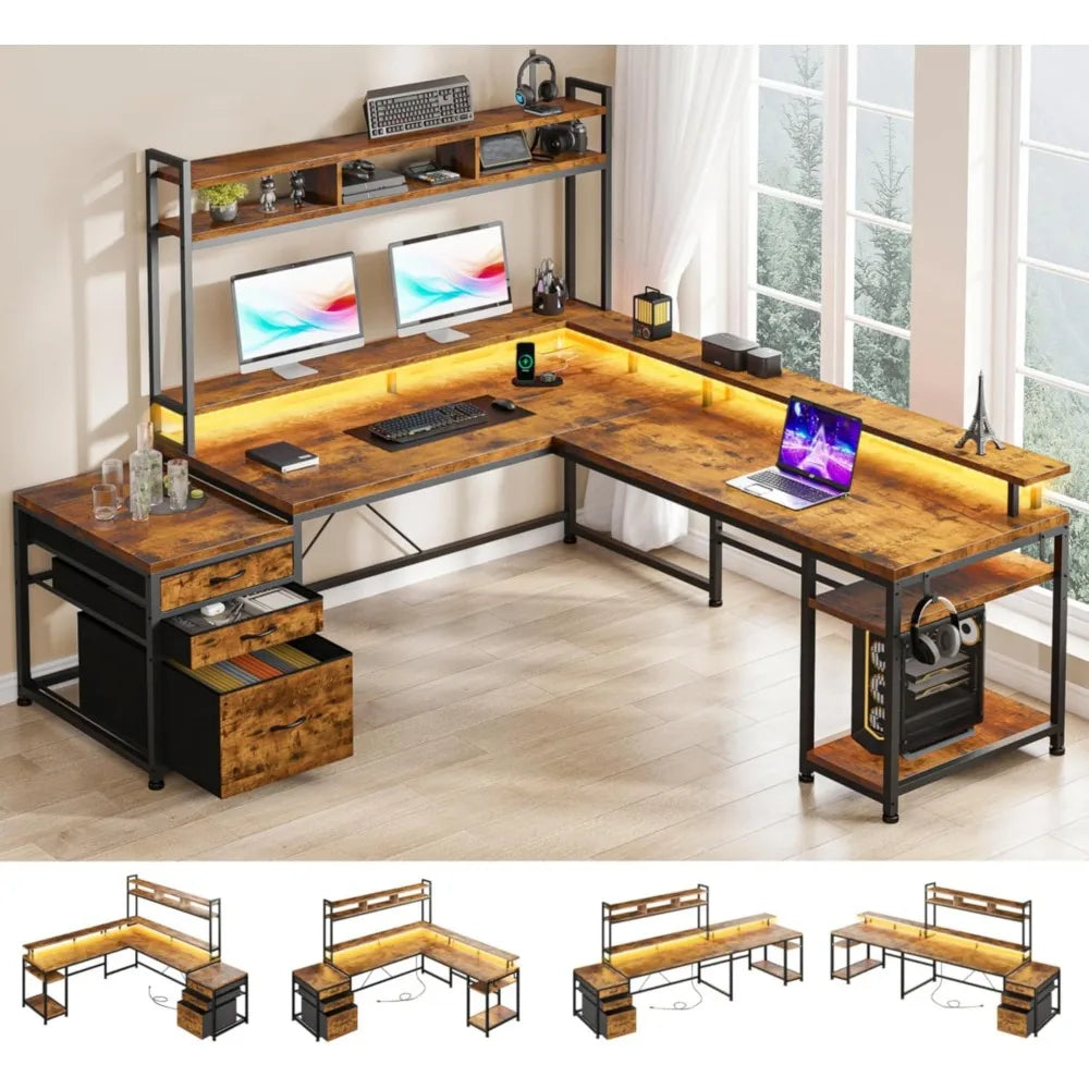 RBXCLShapedDeskWithHutchAndDrawersForHomeOfficeWorkstationStorageSolutionDurablePremiumConstruction