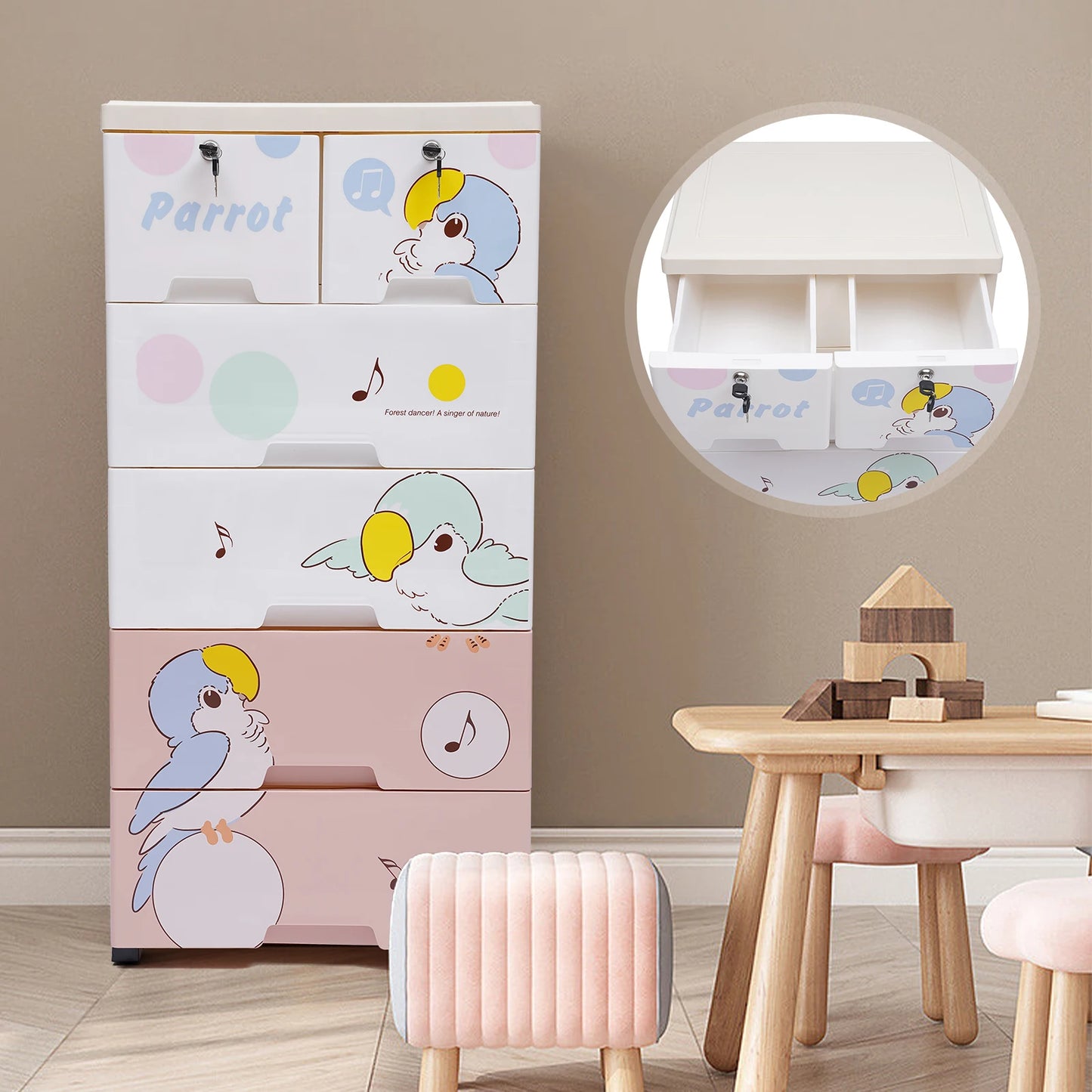 Rolling Parrot Plastic Dresser Storage Cabinet 6 Drawer With Lock