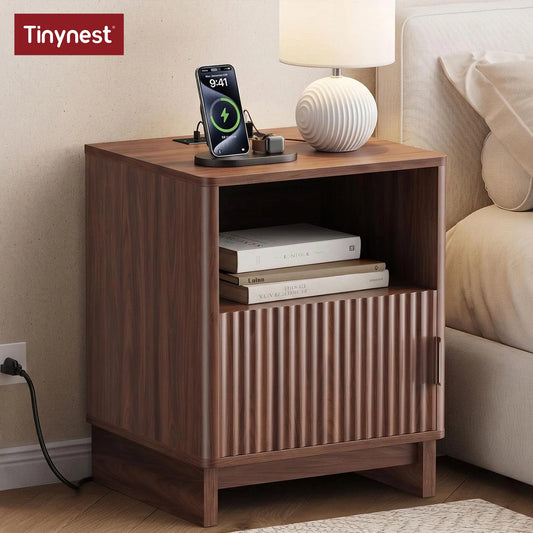 TinyNest Fluted Wooden Nightstand With Integrated Charging Station