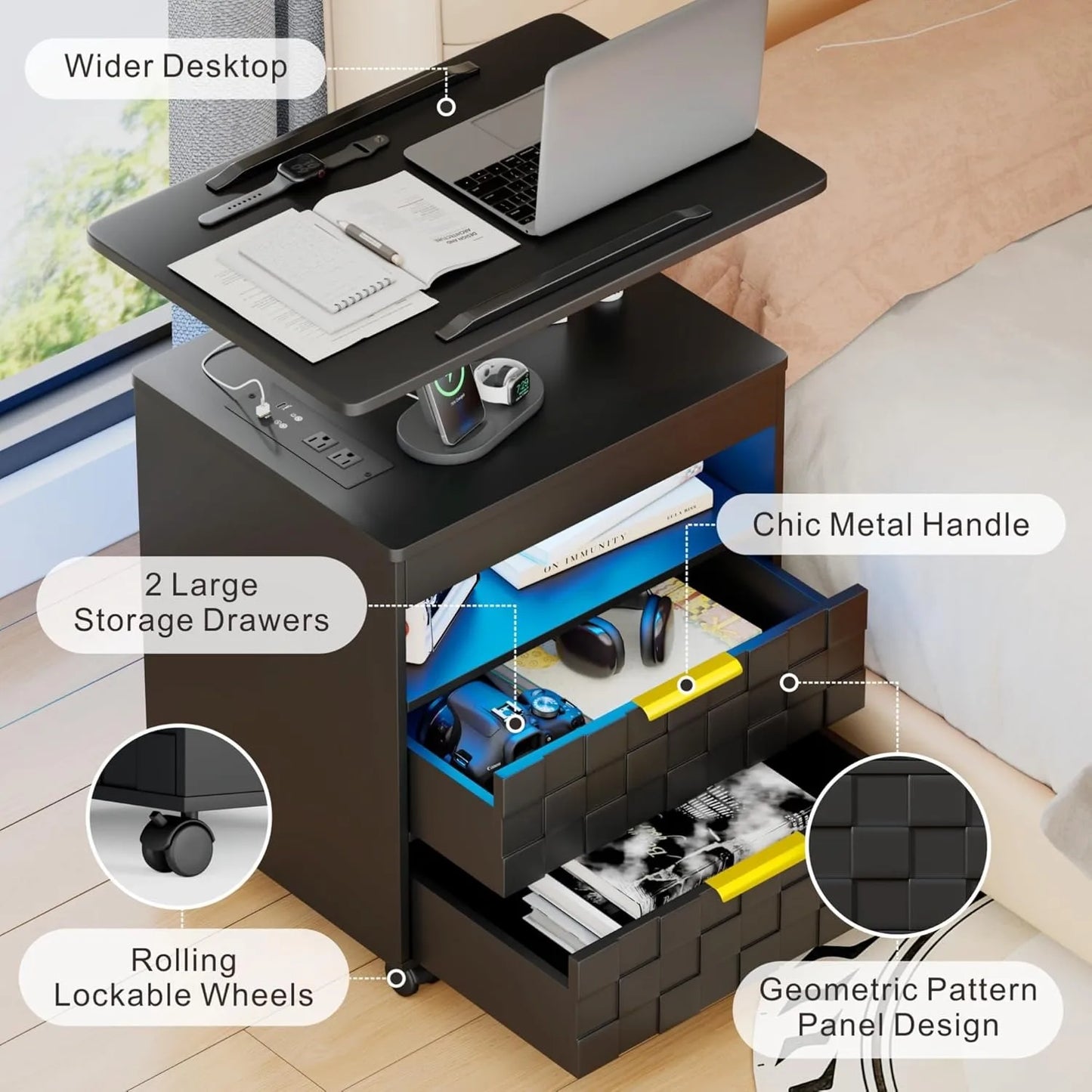 Nightstand Set With Charging Station And LED Drawers Rolling End Table