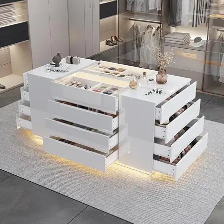 MKDK LED Illuminated Glass Top Bedroom Armoire 16 Drawers