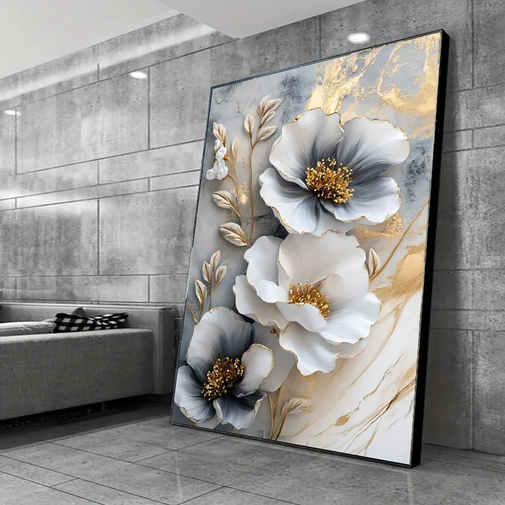 Modern Luxury Framed 3D Floral Canvas Mural for Bedroom and Living Room Decor