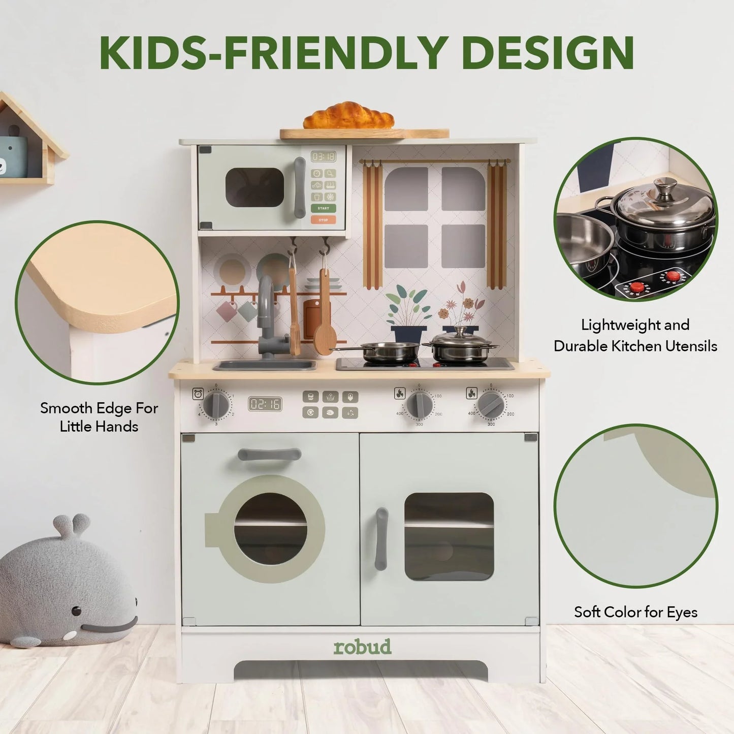 Rolife Robud Play Kitchen Wooden Set With Interactive Lights