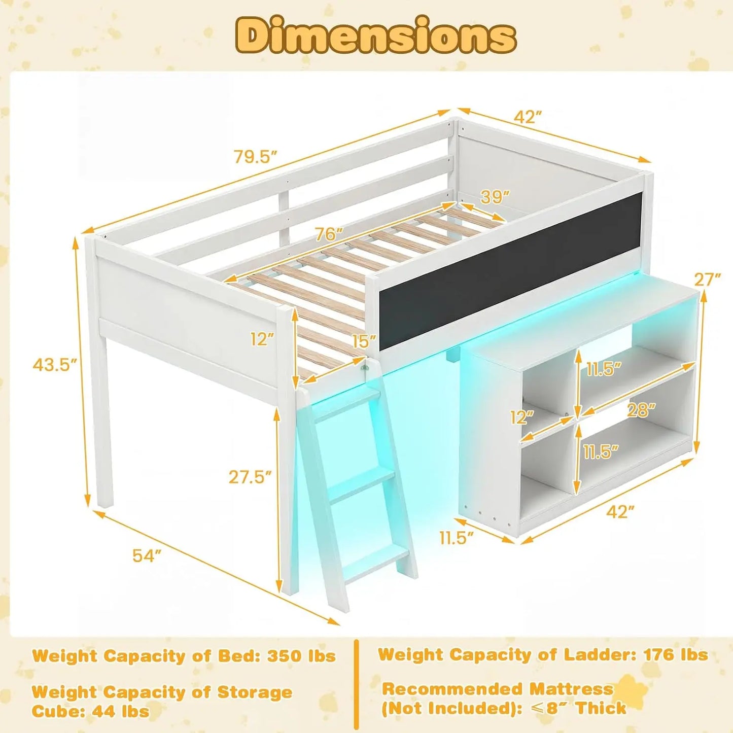 Wood Loft Bed With LED Lights Chalkboard Under-Bed Storage