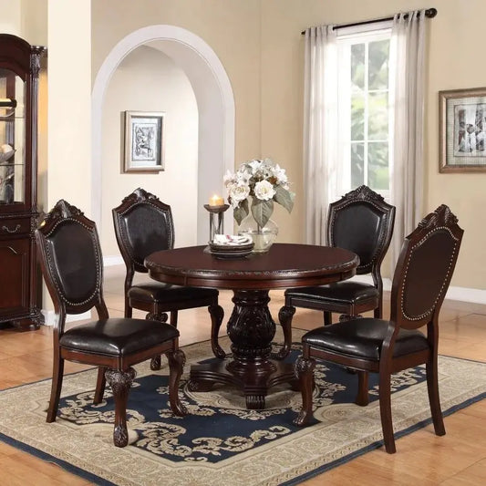 Dining Set With Round Table And Four Chairs Rubberwood Veneer