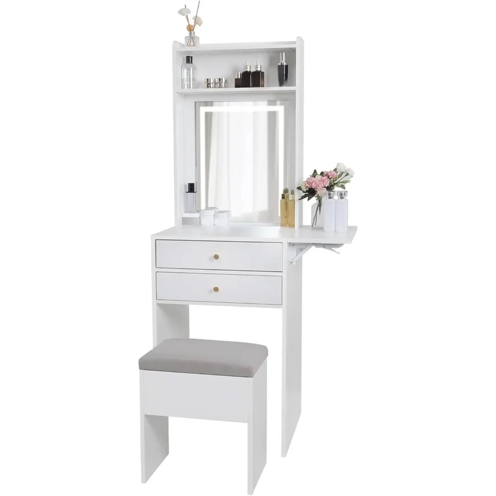Small Vanity Desk Set with Lighted Mirror and Storage Chair for Small Spaces