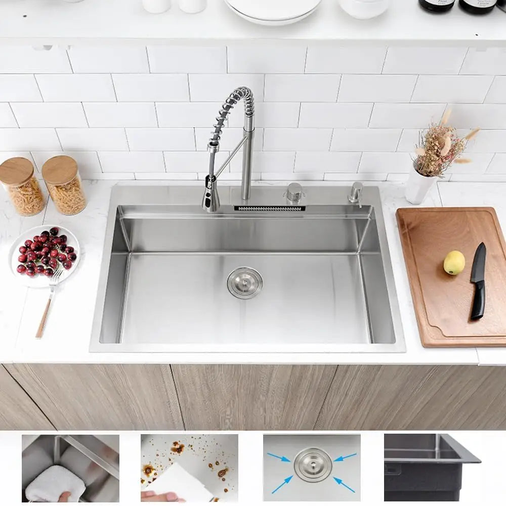 Waterfall Stainless Steel Drop In Kitchen Sink With Faucet Workstation