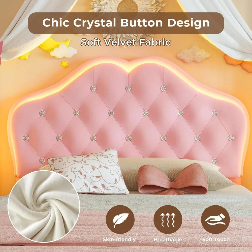 Girls Upholstered Platform Bed With Storage And LED Lights