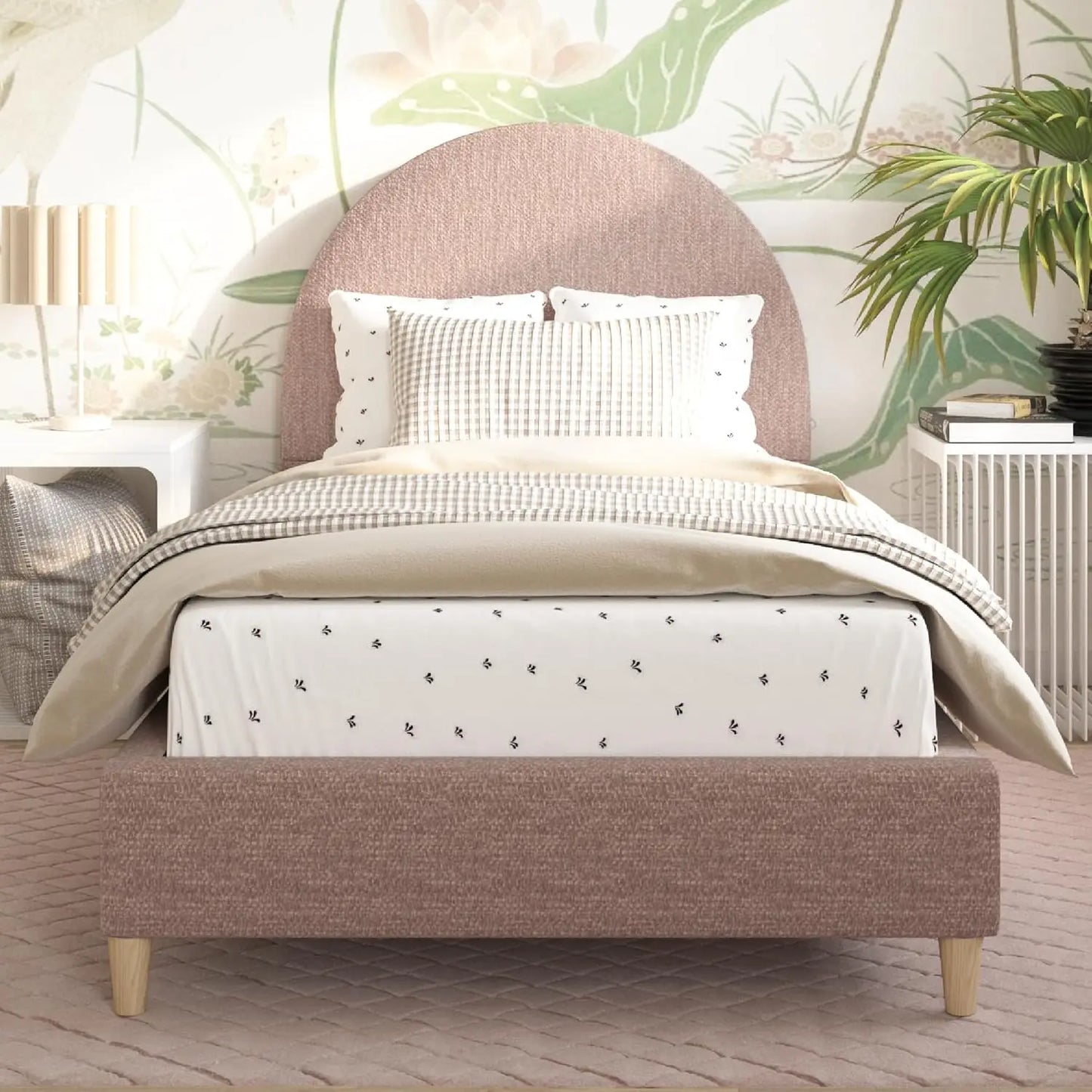 Platform Bed Upholstered Headboard And Solid Wood Legs