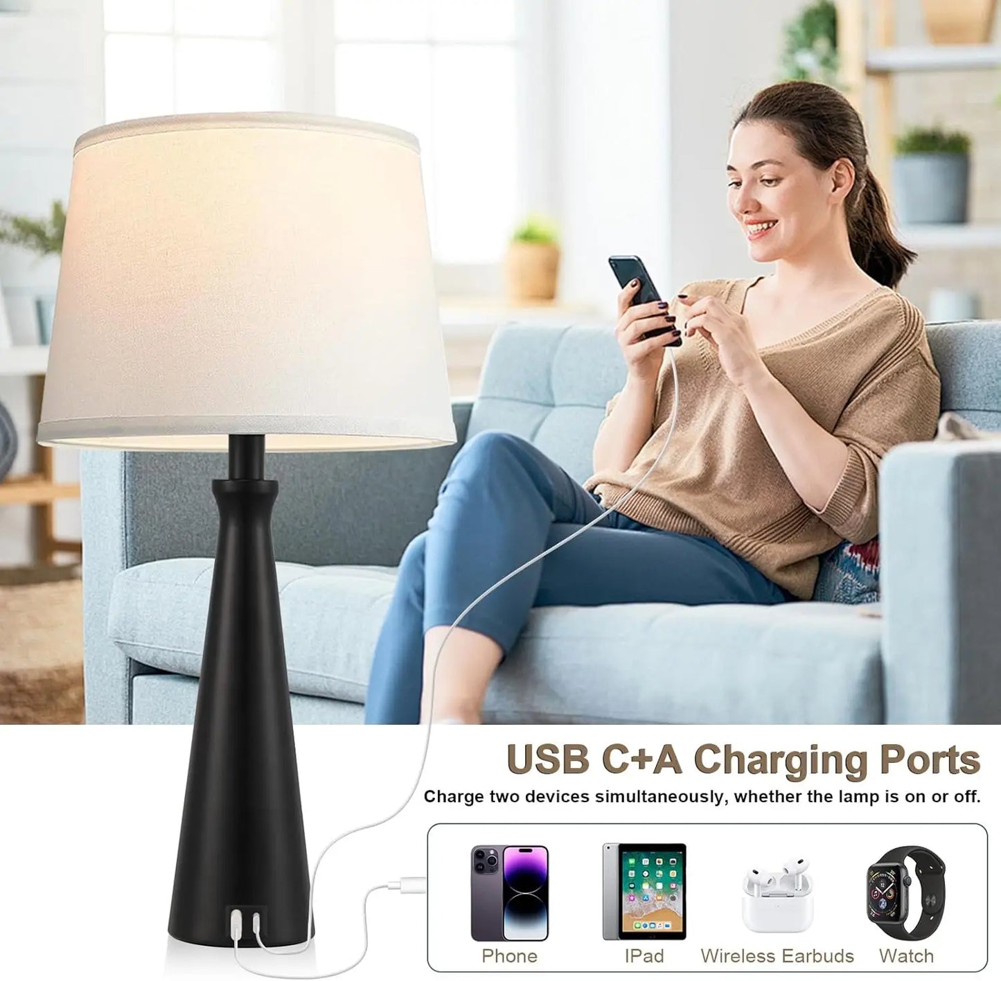 Modern Table Lamps Set of 2 With Touch Three Way Dimmable USB C And USB A Ports