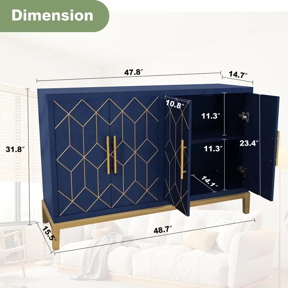 Accent Cabinet With Gold Trim Four Doors And Shelves