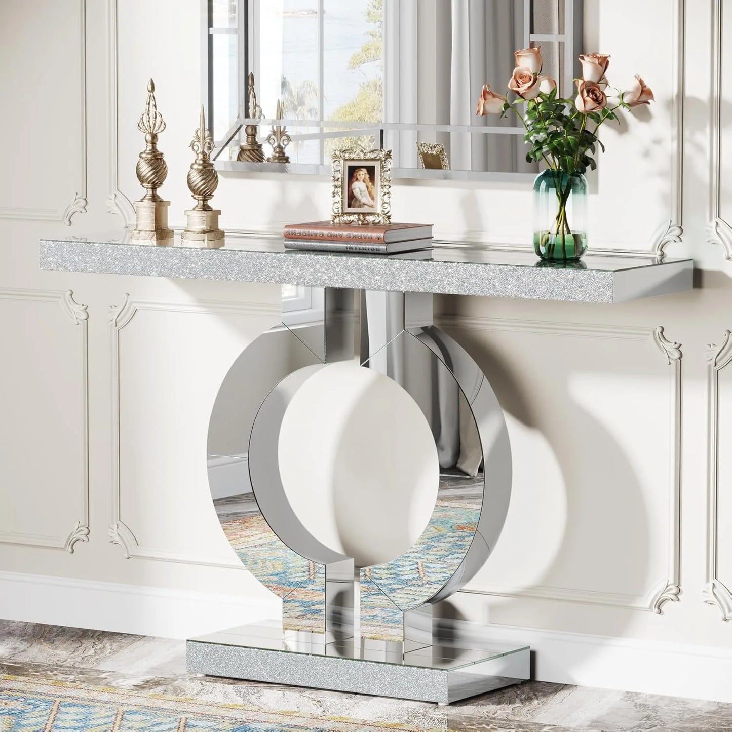 Modern Mirrored Console Table with O-Shaped Base for Entryway or Living Room