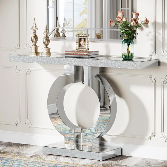 Modern Mirrored Console Table with O-Shaped Base for Entryway or Living Room