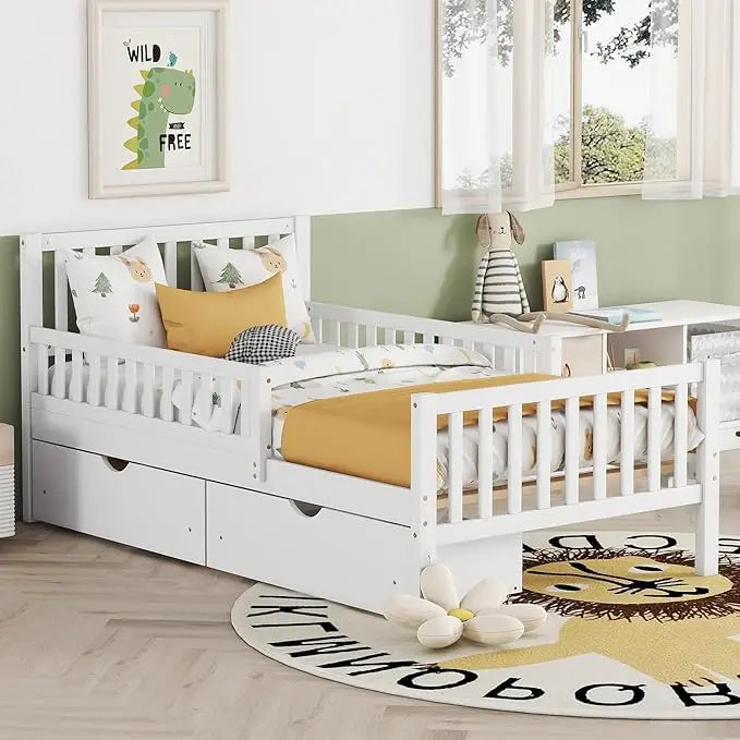 Kids Bed Frame With Guardrails And Drawers Storage Unit