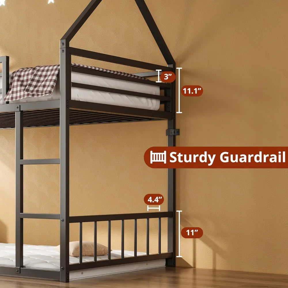 House Shape Metal Bunk Bed With Ladder And Guardrail