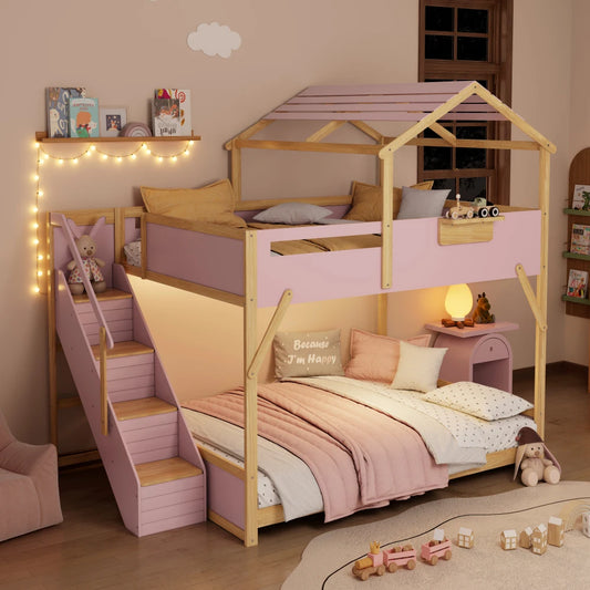Modern Wood Bunk Bed With Stairs And LED Illumination