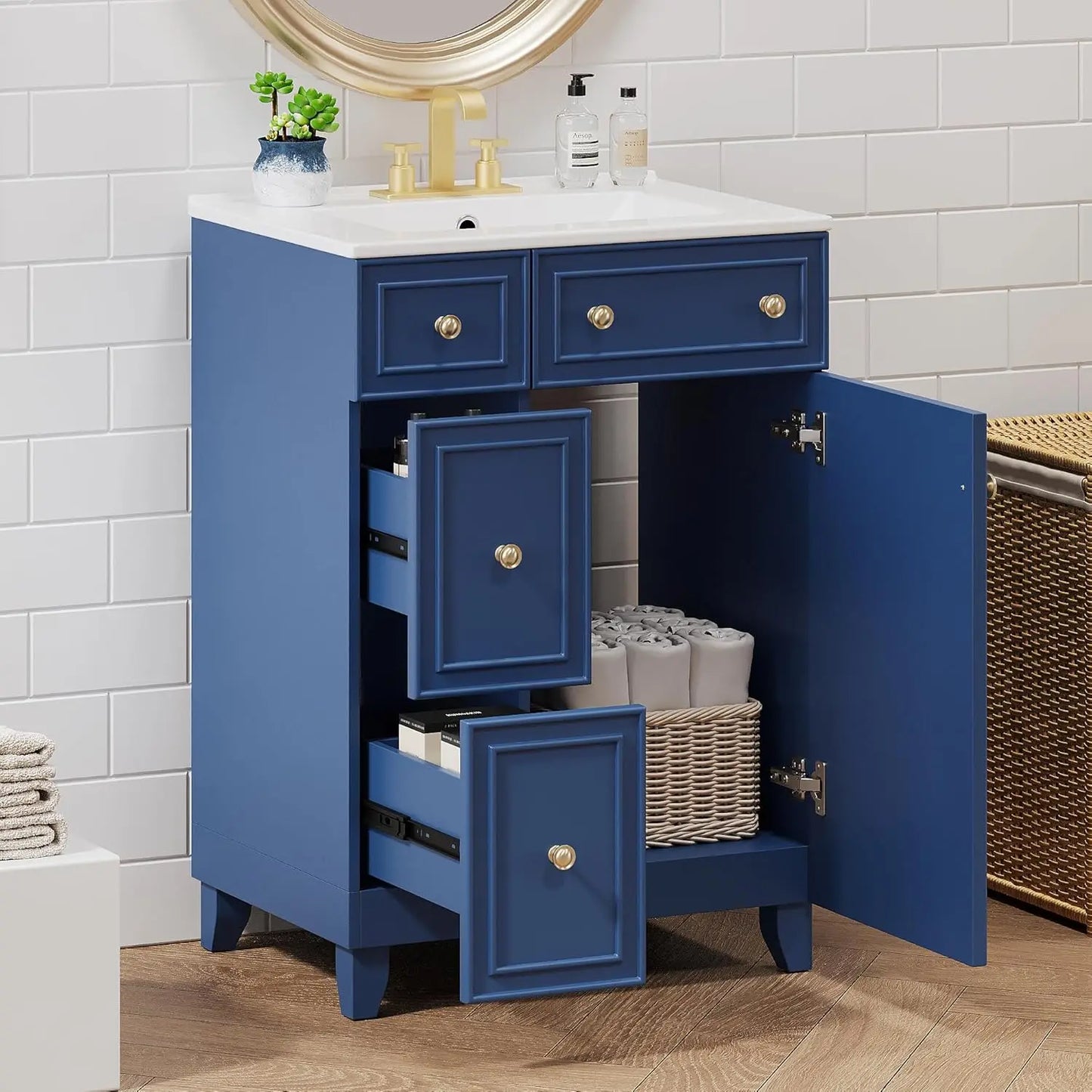 Modern Freestanding Bathroom Vanity With Sink And Gold Handles