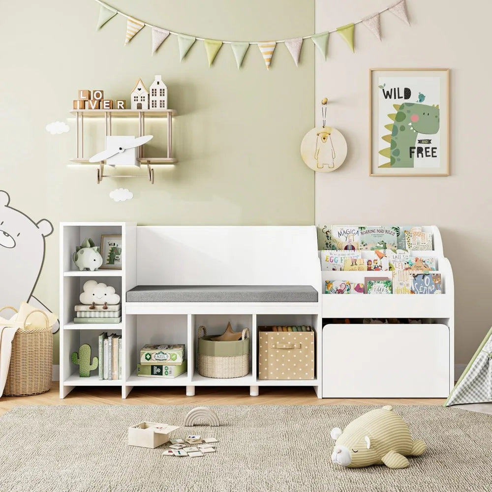 HOSTACK 67 Inch Kids Reading Nook with Bench Bookshelf and Storage Cubbies