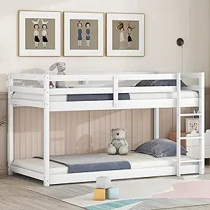 Low Bunk Beds Twin XL Over Queen with Ladder and Guardrail for Kids