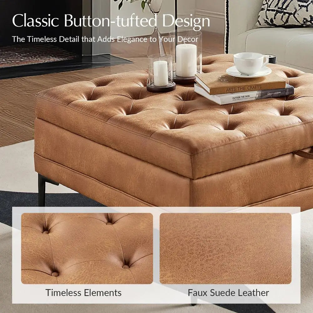 Faux Leather Coffee Table With Storage Ottoman Metal Legs