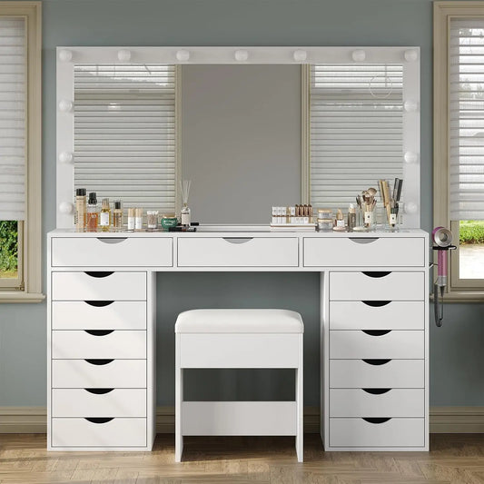 Vanity Desk with Mirror and Lights Makeup Table with Charging Station and Drawers
