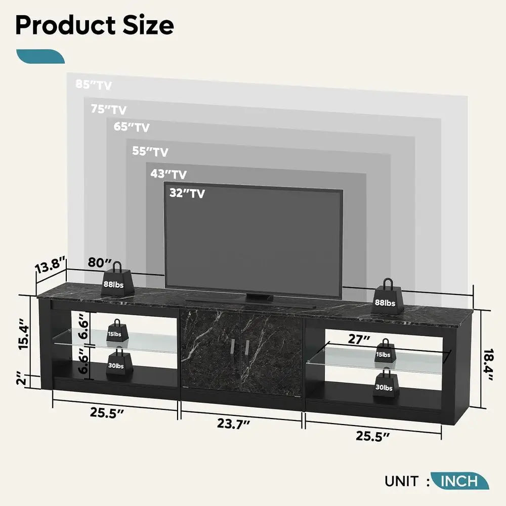 Modern TV Stand Entertainment Center with Adjustable Glass Shelves
