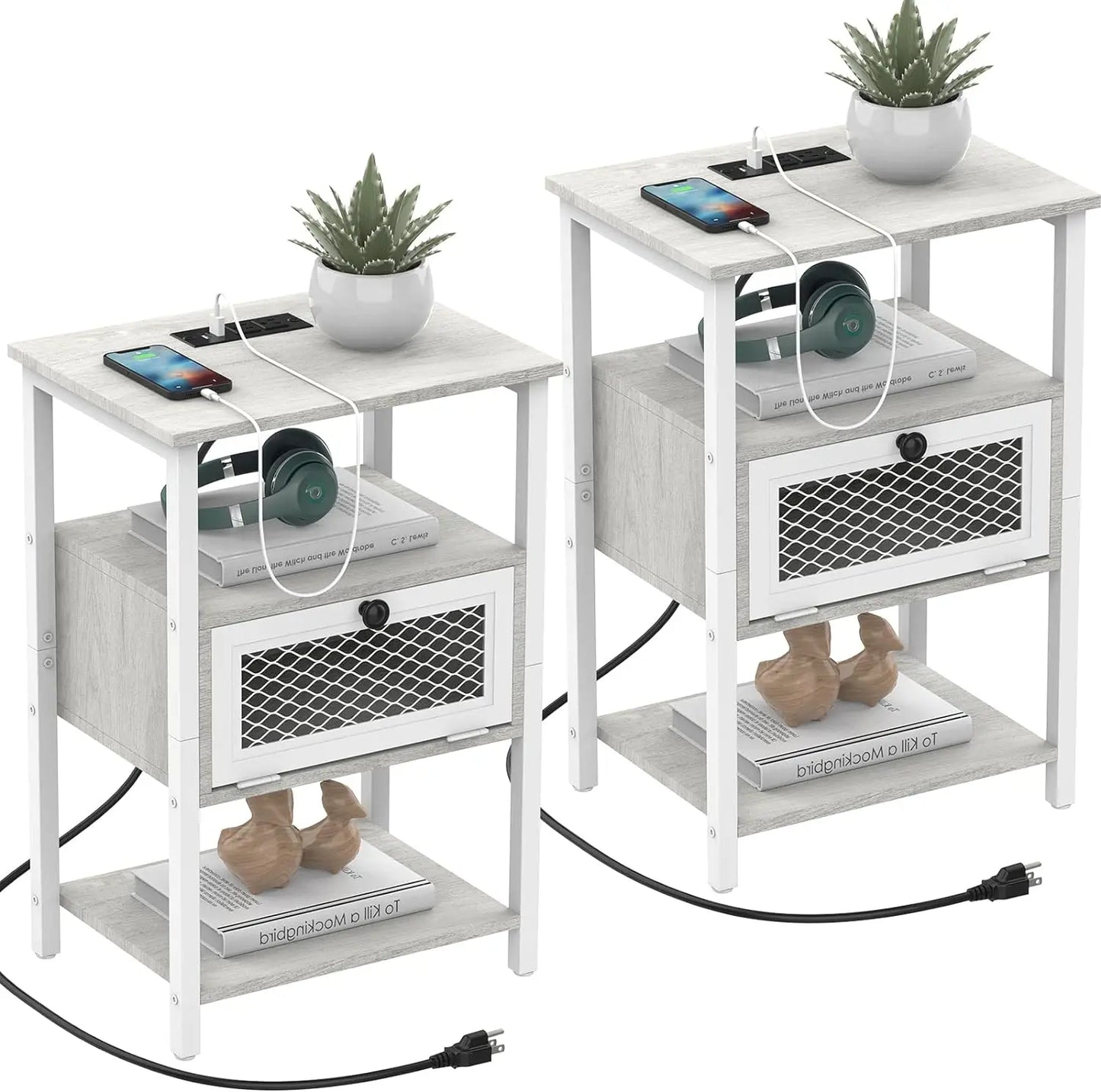 ZISIZ Set of 2 Nightstand Charging Station End Tables