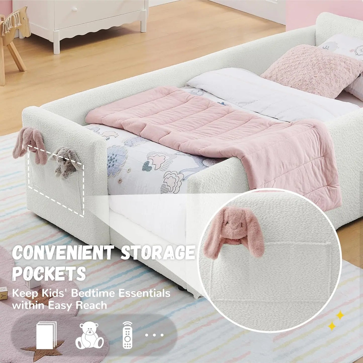 Boucle Upholstered Rabbit Ear Headboard Platform Bed For Kids