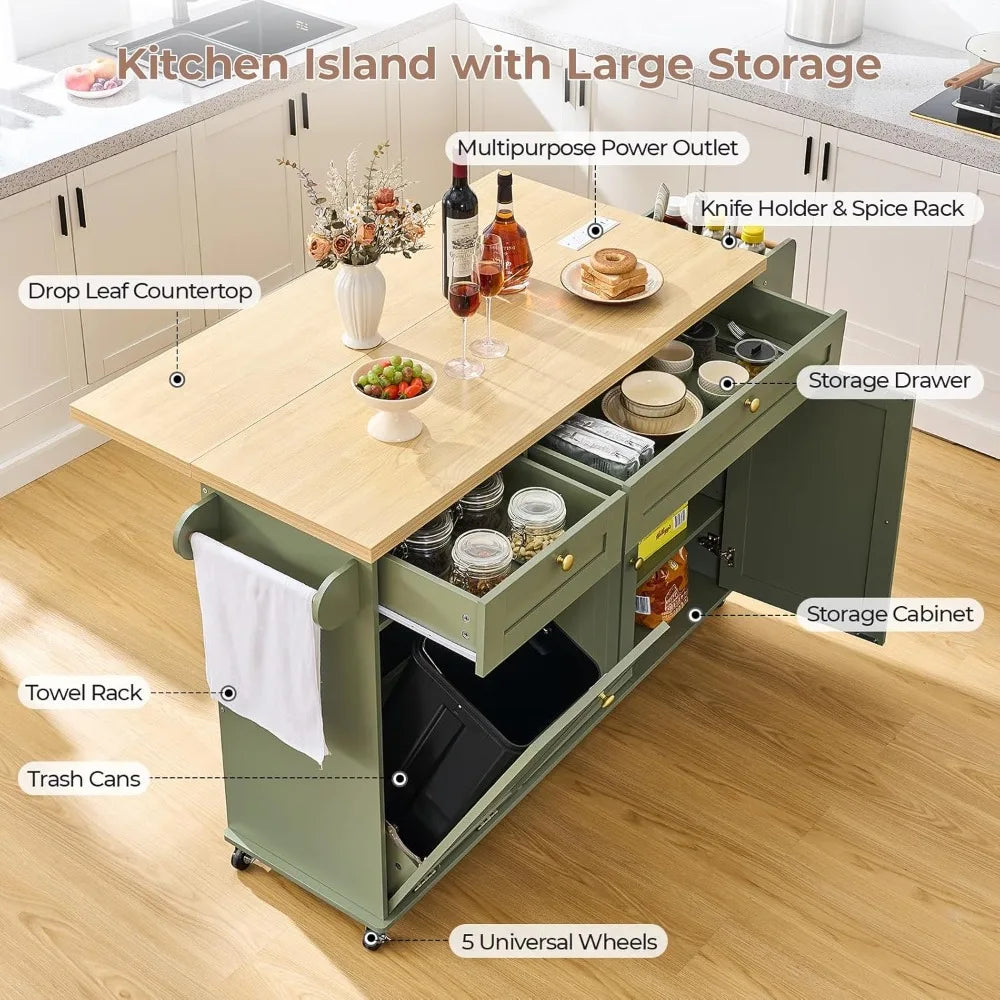 Kitchen Island Storage Rolling Cart Power Outlet Spice Rack