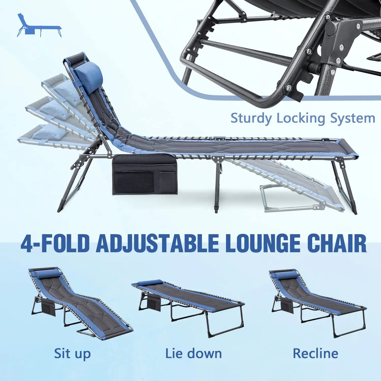 4 Fold Padded Portable Folding Outdoor Chaise Lounge Recliner
