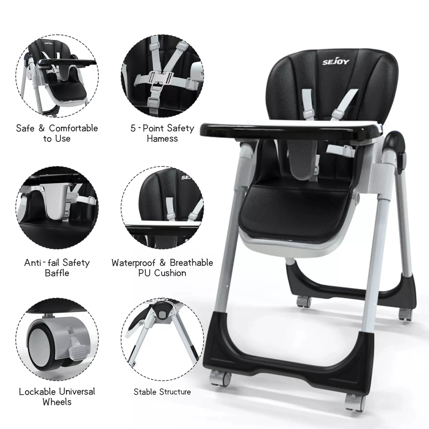 Sejoy Baby High Chair Foldable With Adjustable Tray