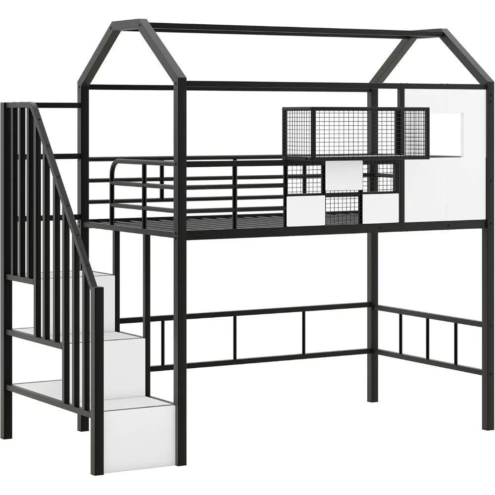 DAFIFY Loft Bed With Stairs And Roof For Kids Sturdy Metal