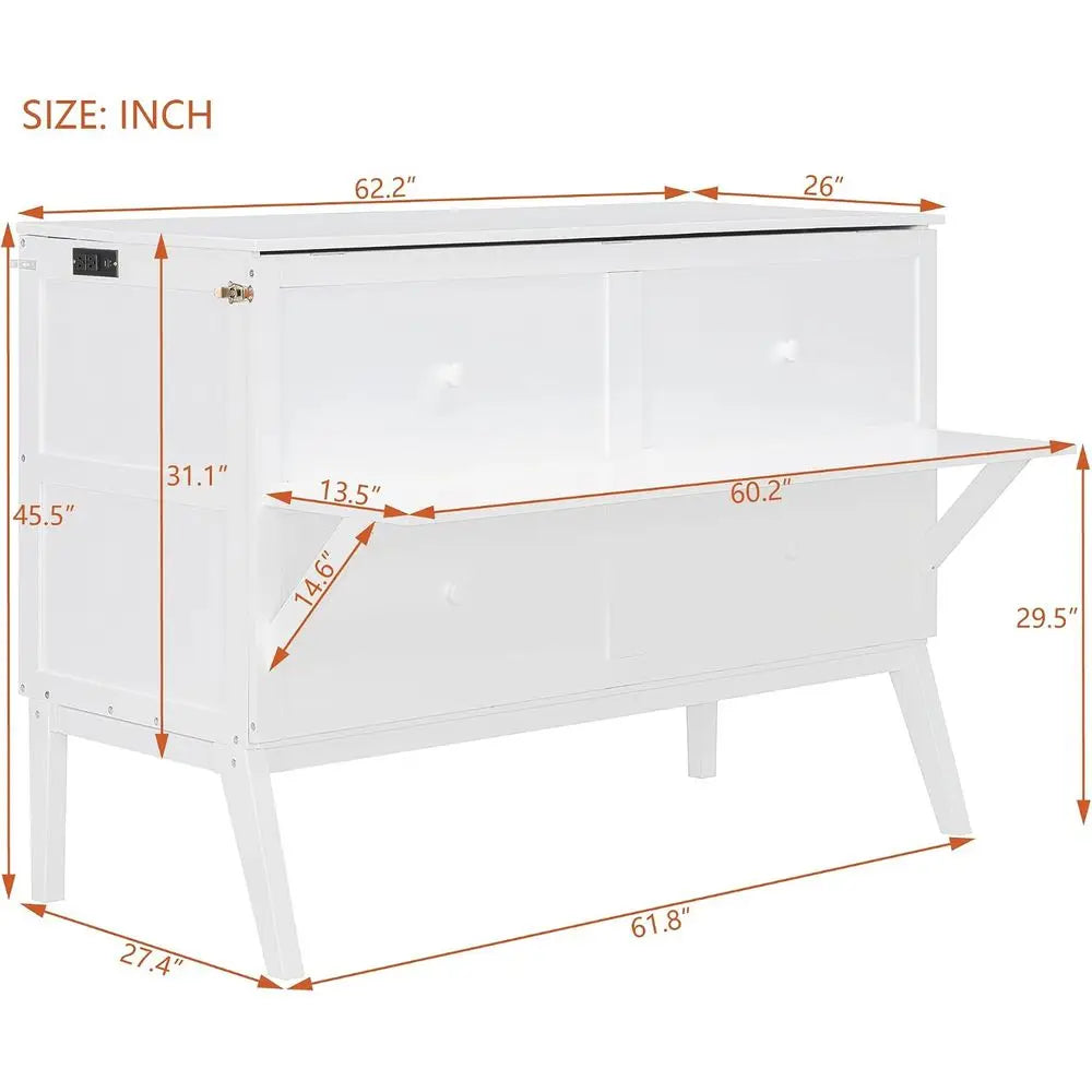 White Queen Murphy Bed With Cabinet And USB Ports