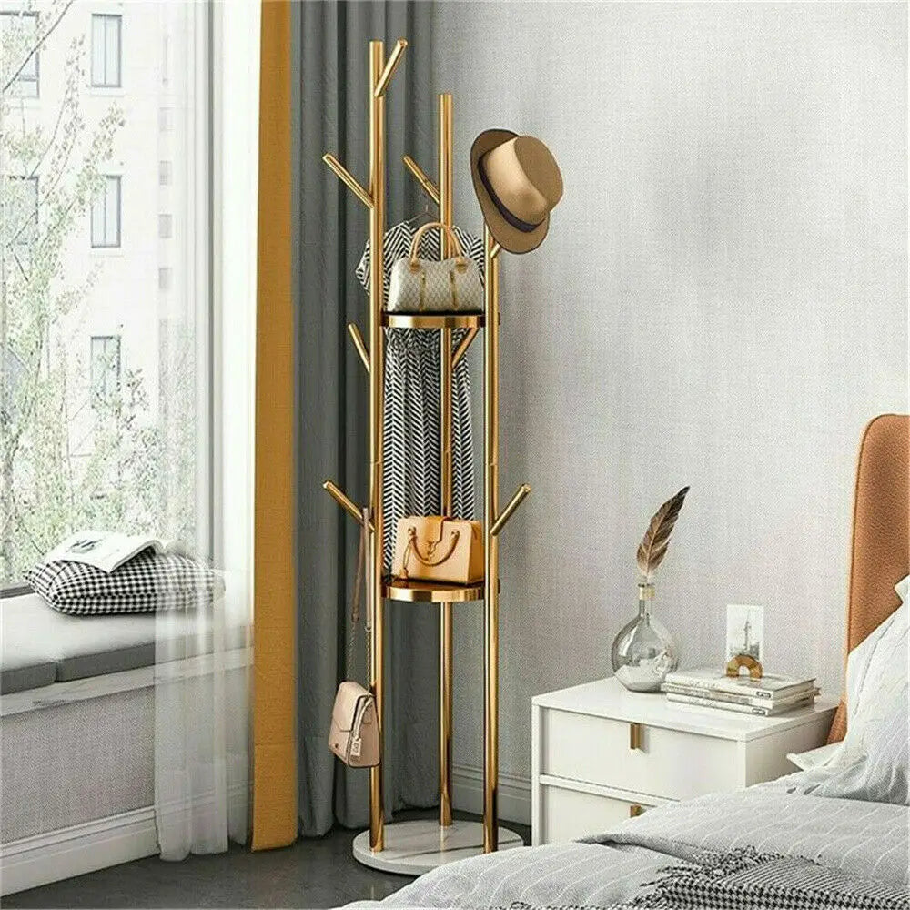 Marble Metal Freestanding Coat Rack with 3 Shelves and 9 Hooks for Entryway