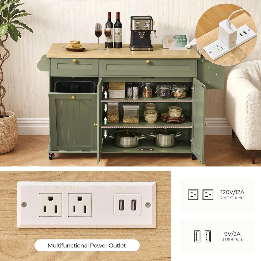 Kitchen Island Storage Rolling Cart Power Outlet Spice Rack