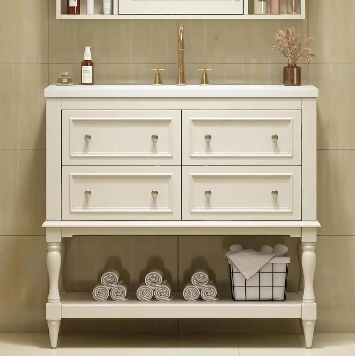 Bathroom Vanity Single Sink Freestanding Cabinet With 4 Drawers Open Shelf
