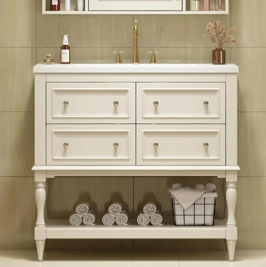 Bathroom Vanity Single Sink Freestanding Cabinet With 4 Drawers Open Shelf